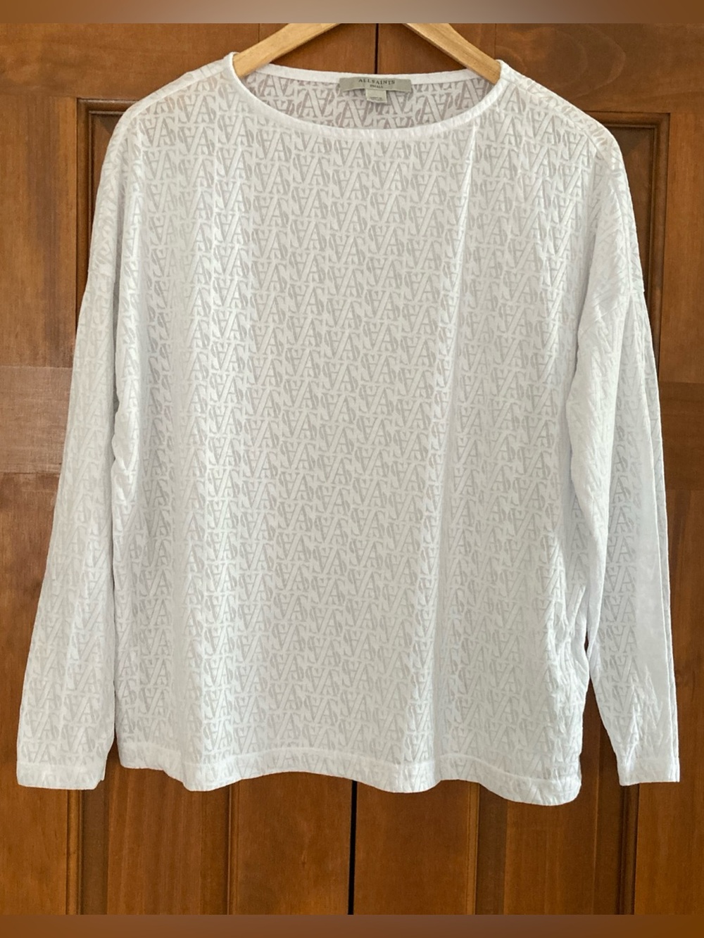All Saints White logo printed Long-Sleeve white Top women’s small relaxed fit